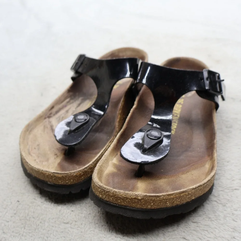 Birkenstock Women 4 EU35 Sandals Black Gizeh Patent Birko-Flor Cork Thong READ